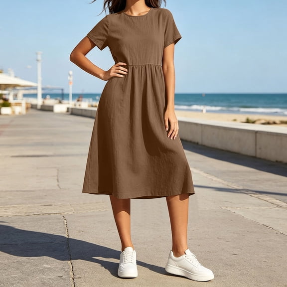 QUNYINEY Womens Dresses Summer Cotton Short Sleeve Midi A Line Dress Loose Fit Solid Casual Crew Neck Dresses