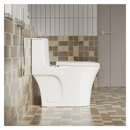 1.1/1.6 GPF Tornado Flush One-Piece Toilet Elongated, Siphonic S-trap 12",Soft Closing Seat, Button on Tank top ,Powerful Dual Flush MAP 1000g, Comfort Chair Seat ADA Height 17", Glossy White GW-002