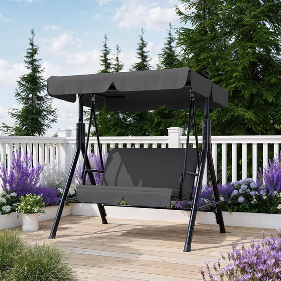 Outdoor Porch Swing with Adjustable Canopy – 3-Seat Patio Swing Chair with Stand, Heavy-Duty Metal Frame for Garden, Backyard & Poolside, Gray