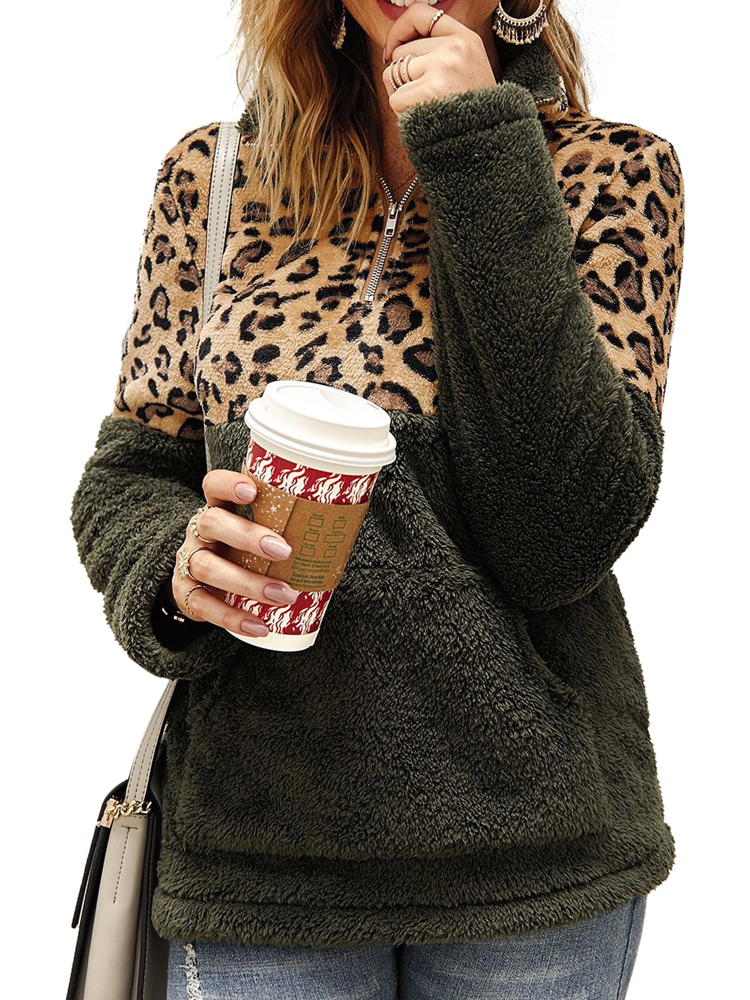 FIRENGOLI Womens Fleece Sweatshirt Fashion Leopard Print 1/4 Zipper Fuzzy Sherpa Pullover with Pocket 