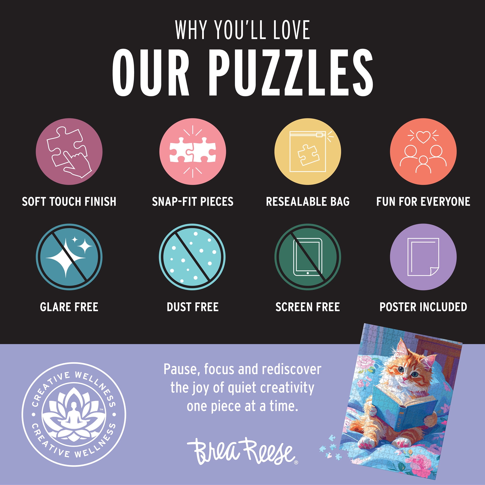Brea Reese: 500 Piece Puzzle - Bookish Kitty - Cozy Floral Bedding & Animal Reading Scene, Adult Jigsaw, Snap-Fit, Soft-Touch, Image Reference Poster