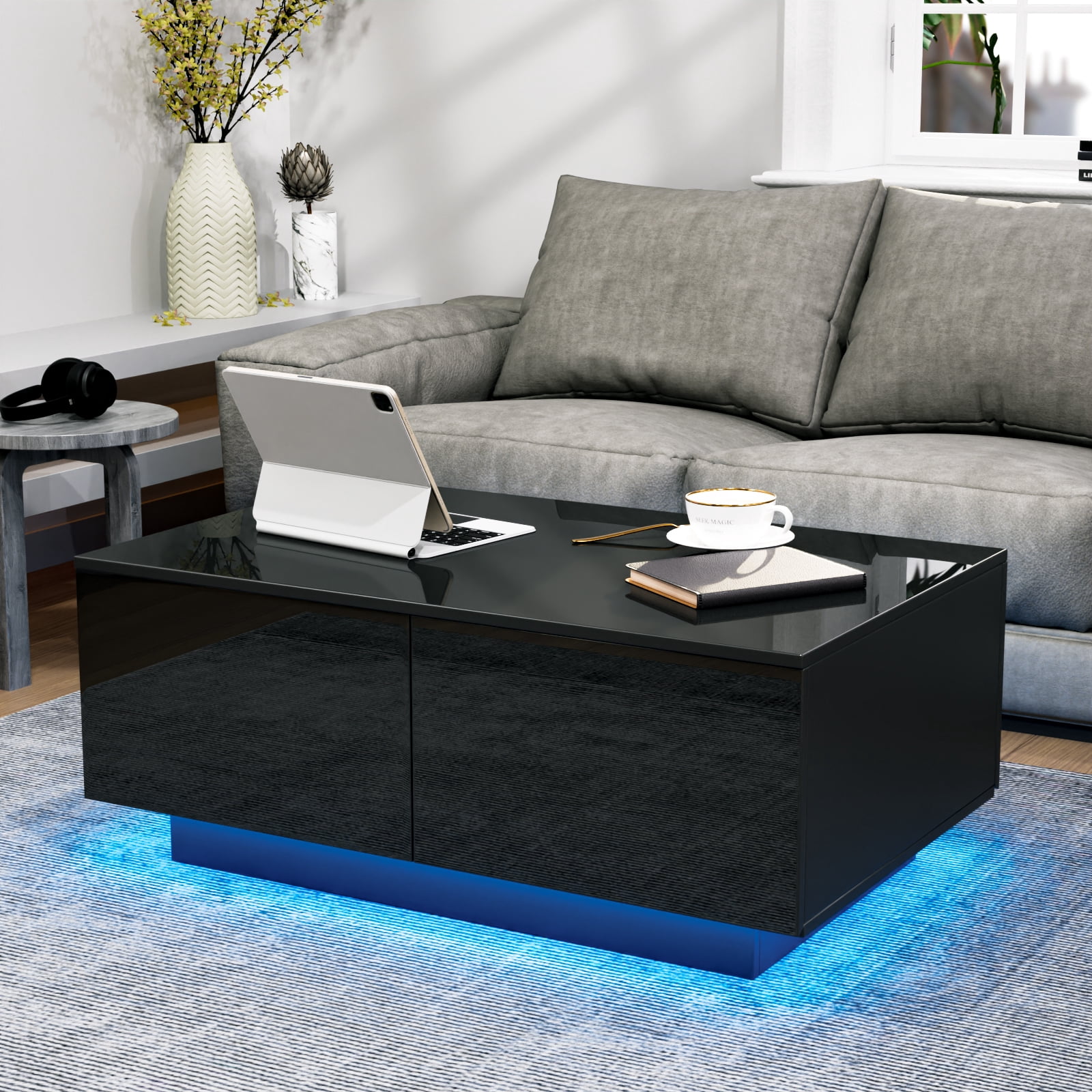 Hommpa Rectangular LED Coffee Table with 4 Drawers High Gloss Black Finish Modern Living Room Sofa Side Cocktail End Table 37.4 x 23.6 x 15.4 inches
