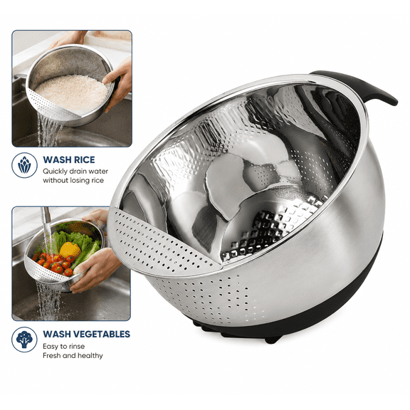 Rice Washer Bowl with Strainer, Quinoa Rinse Bowl, Stainless Steel Side Drain Colander for Rice, Fruits, Vegetables and Beans