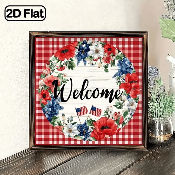 2D Flat, 8x8inch, Rustic Round Wood Sign Patriotic Welcome Door Sign USA Wood Hanging Welcome Door Sign Wooden Decorations for Indoor Outdoor Home Porch Decor 10x10