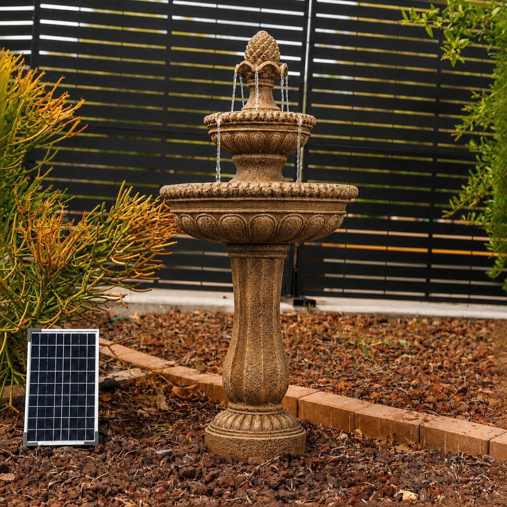 XBrand 39" 2-Tier Outdoor Freestanding Solar Water Fountain - Classic Design, Sand Stone Resin Bird Bath with Pump