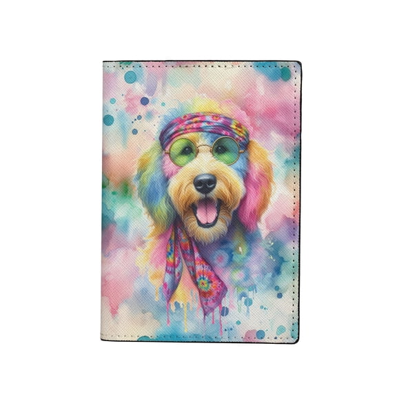 Hippie Goldendoodle Portrait Watercolor Tie-Dye Vintage Styles Travel Passport Wallet Doodle Dog Lover Gifts Idea PU Leather Passport Holder Cover - 00014
