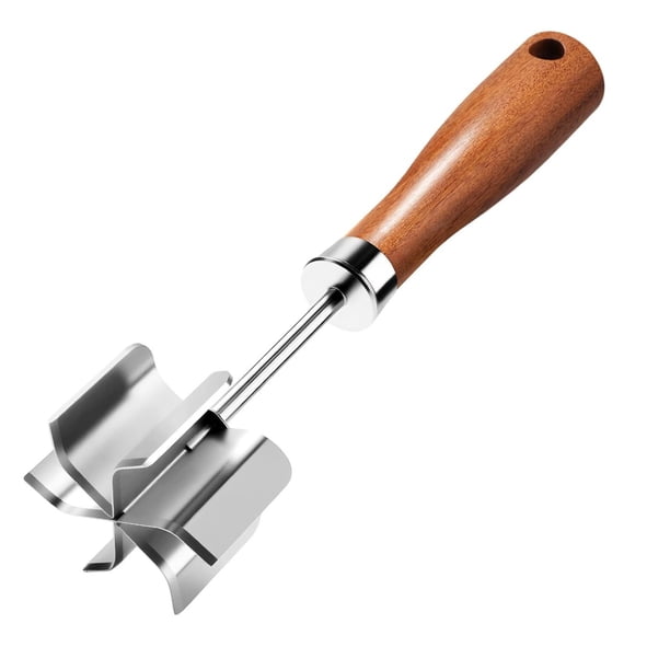 Picadora de carne de acero inoxidable con 6 cuchillas afiladas, mango de madera, machacador de carne molida para hamburguesas, patatas y verduras, herramienta de cocina fácil de limpiar.