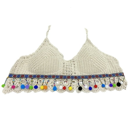 

AOOOWER Women Summer Crochet Halter Bikini Bra Boho Colorful Geometric Striped Pompom Beaded Tassel Hem Camisole Chest Padded Beach Bustier Vest