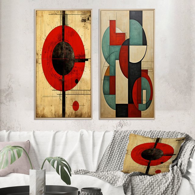 Designart "Illustration Vintage de Prière Pleine Lune" Ensemble d'Art Mural Encadré Transitionnel de 2 - Ensemble de Toiles Encadrées Rouges Abstraites pour Décoration de Salon