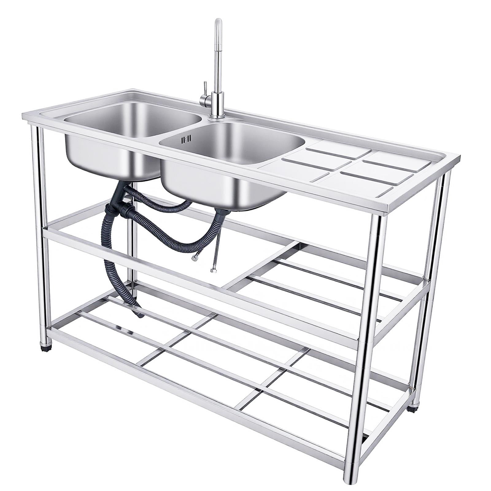 QUHEE 304 Stainless Steel Free Standing Sink Station, 47in Double Bowl Utility Sink with Storage Shelf for Home Kitchen Laundry Room Outdoor Patio