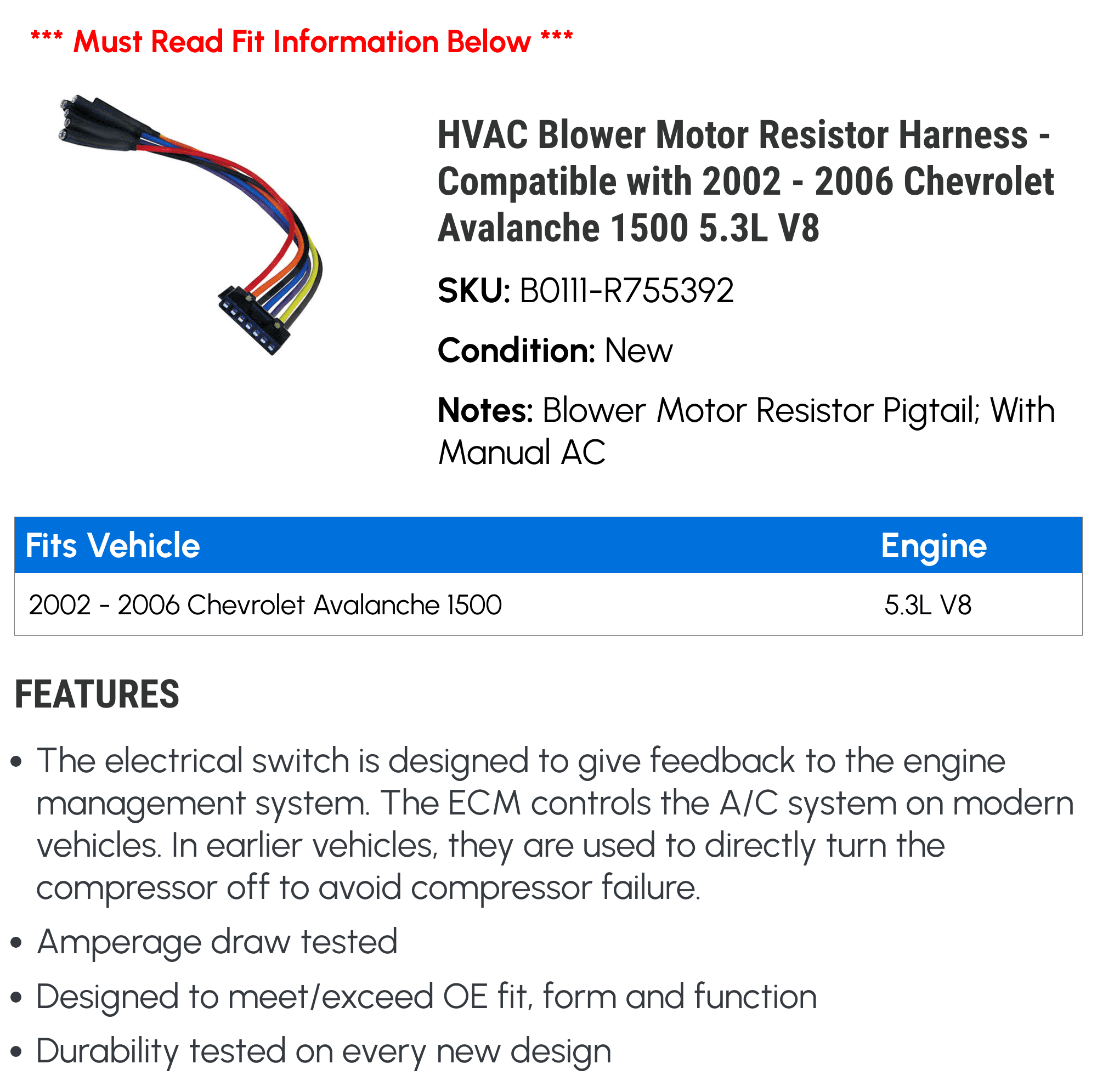 HVAC Blower Motor Resistor Harness - Compatible with 2002 - 2006 Chevy Avalanche 1500 5.3L V8 2003 2004 2005
