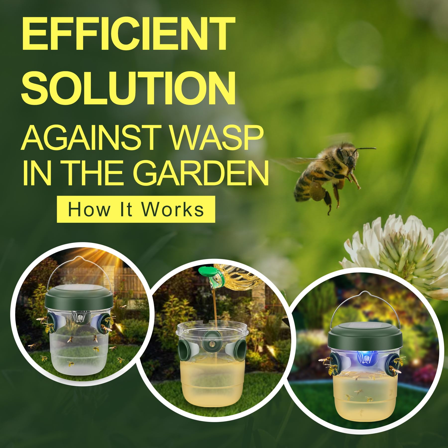 Meottam Solar Powered Wasp Traps Outdoor Hanging, New Upgrade Wasp Trap Bee Insect Killer with LED Light, Hornet Trap for Outside Garden, Patio, Backyard, Camping, 2 Packs