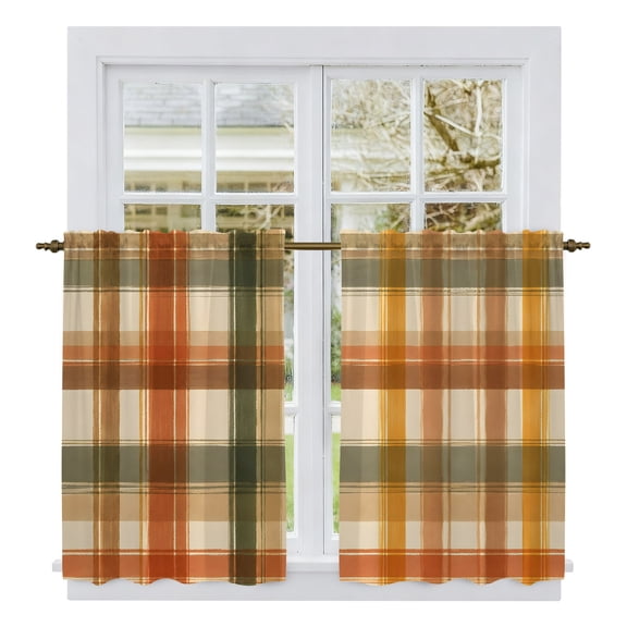 Orange Green Checked Tier Curtains 54 Inch Length, Fall Thanksgiving Buffalo Plaid Cafe Short Curtains for Bathroom Over Sink, Small Kitchen Curtain Light Filtering Tiered Drapes 2 Panels 27.5"Wx54"L