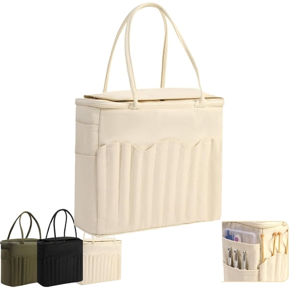 Beige: Large Canvas Yarn Storage Bag with Multiple Needle Pockets, Portable Knitting Crochet Craft Organizer with Yarn Holes Reinforced Handles