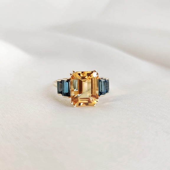 Natural Citrine & London Blue Topaz Ring, 14K Solid Yellow Gold Ring, November Birthstone Ring, London Blue Topaz Jewelry, Multi Stone Ring