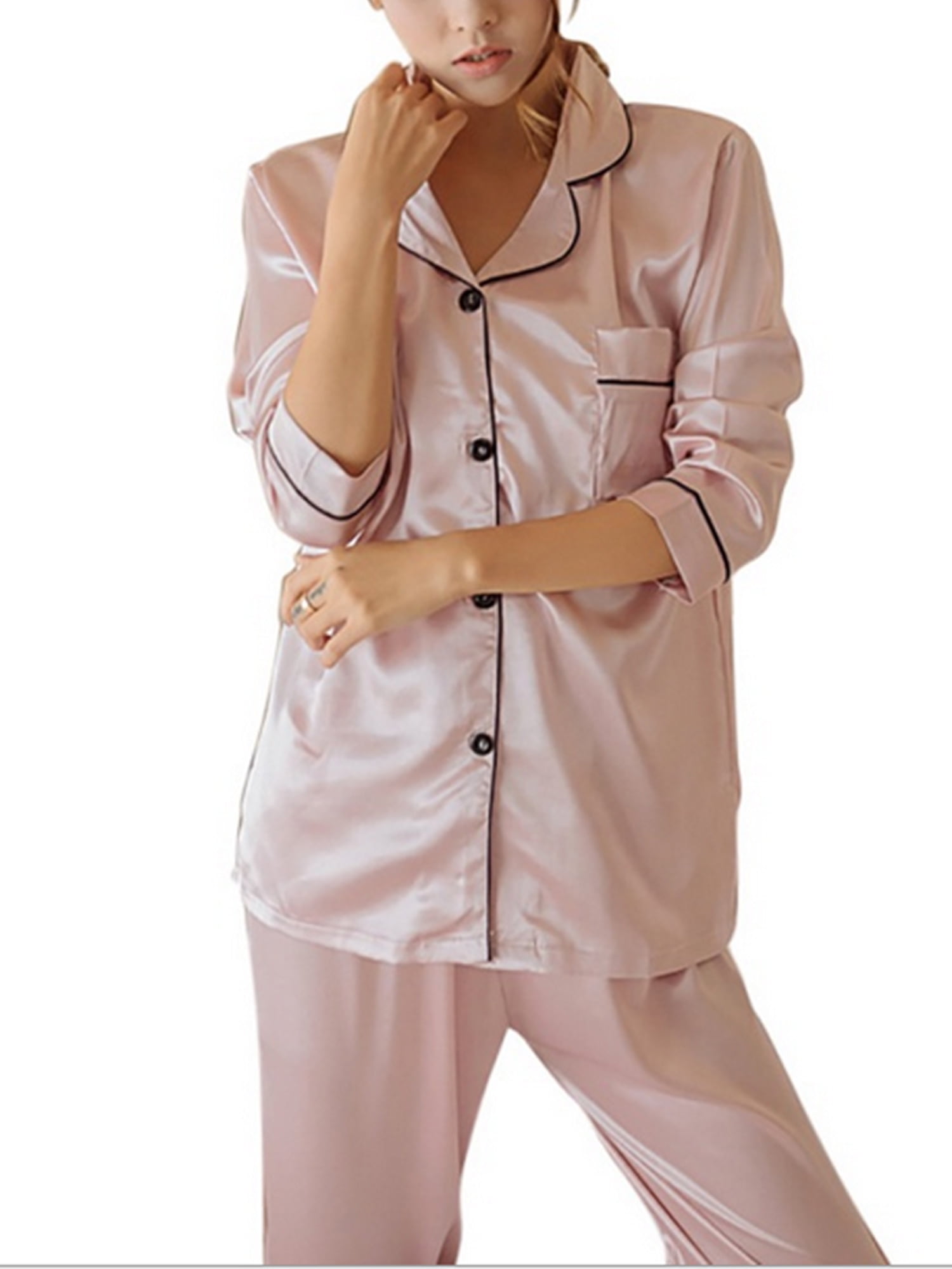 Springcmy Women Silk Satin Pajama Set Long Sleeve Button Sleepwear