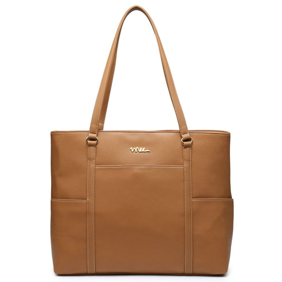 NNEE Classic Laptop Leather Tote Bag for 15 15.6 inch Notebook Computers Travel Carrying Bag with Smart Trolley Strap Design - Light Brown