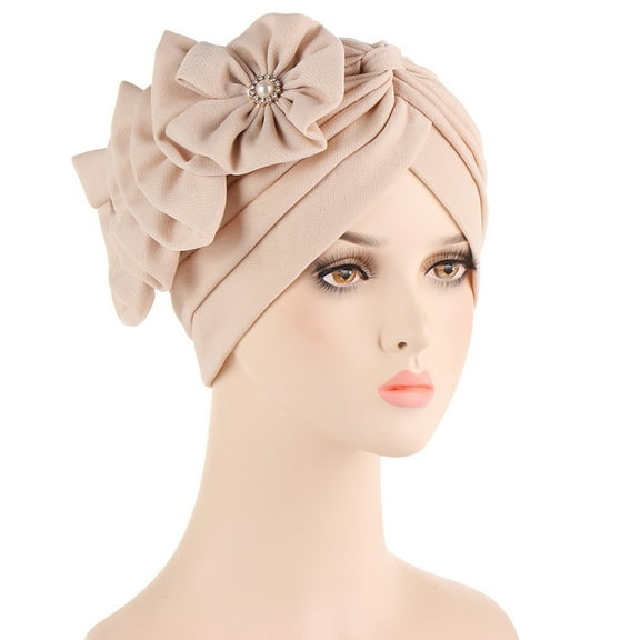 REORIAFEE Fall Hats for Women Floral Muslim Ruffle Hat Head Wraps Turbans Beanie Cap Beige One Size
