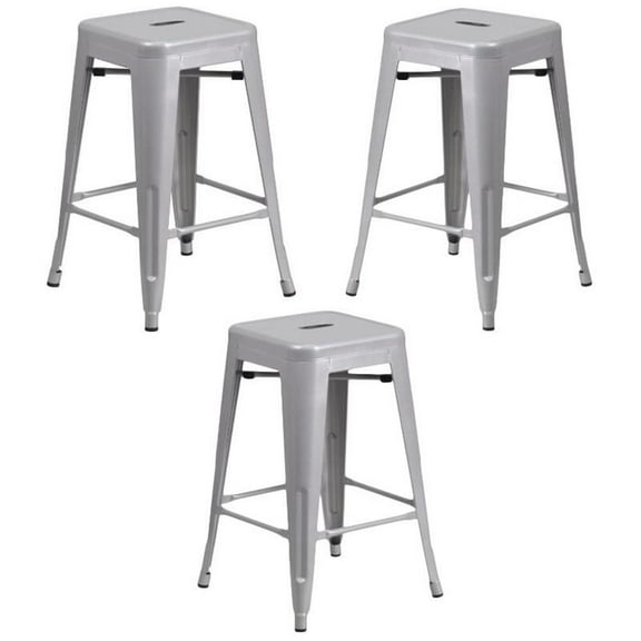 Home Square 24" Metal Backless Counter Stool in Silver - Set of 3
