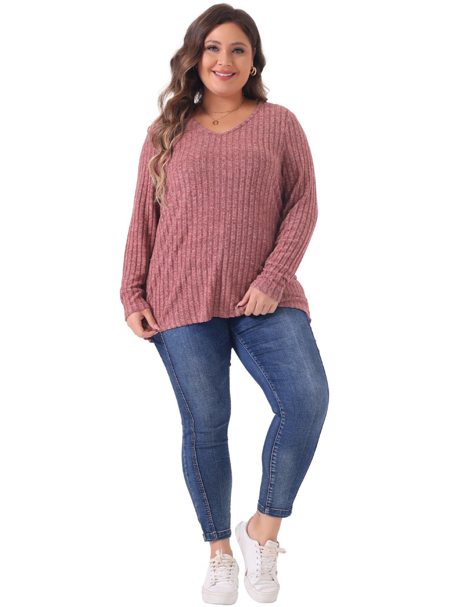 DARING DIVA Women's Plus V Neck Long Sleeve Basic Ribbed Blouse 3X Pink