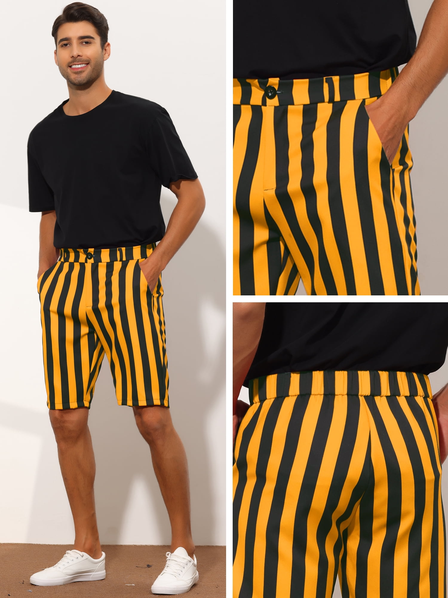Unique Bargains Men's Striped Shorts Regular Fit Casual Summer Dress Chino Shorts 30 Yellow Black