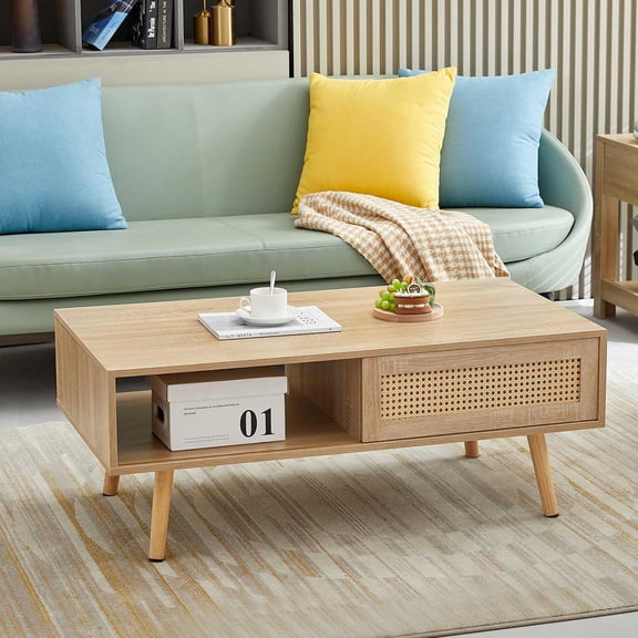 Oufan 41.34" Rattan Coffee table, sliding door for storage, solid wood legs, Modern table for living room , natural