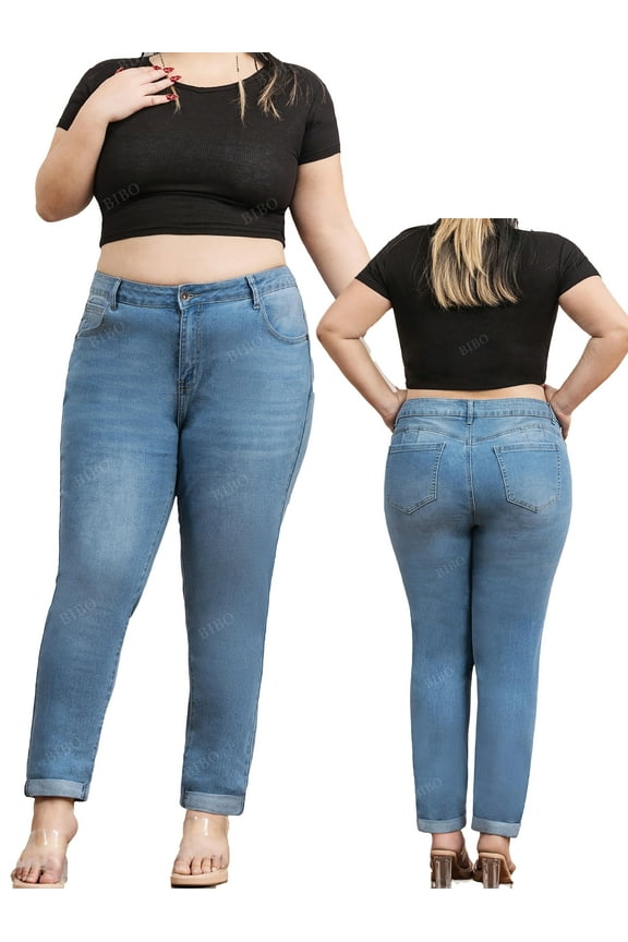 Women'S Large Size Medium Blue Fashion Versatile Casual Style Jeans With Rolled Legs Soft And Comfortable Slim Fit Jeans,Plus Size Capri Pants For Women Plus Size Capris