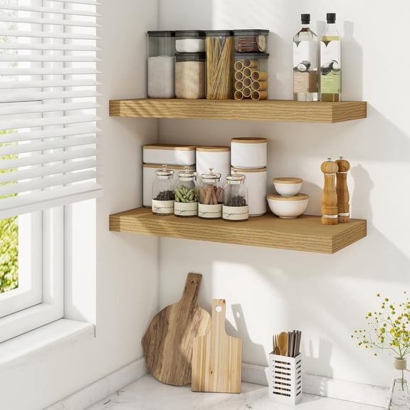 24 Inch Floating Shelves, 9.3 Inch Deep Rustic Wall Shelves - Extra Deeper Wall Mounted Storage Shelves for Bathroom, Kitchen, Living Room (Oak, Set of 2)