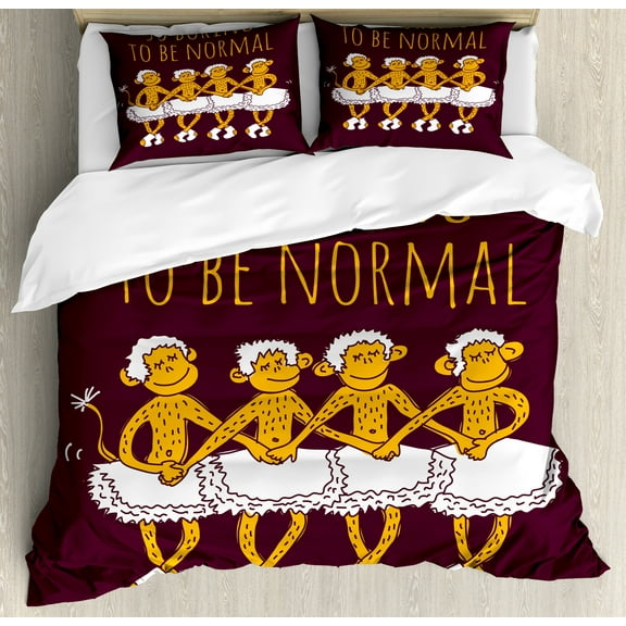 Animal Duvet Cover Set, Funny Ballerina Dancing Monkeys with So Boring to Be Normal Words Print, Decorative 3 Piece Bedding Set with 2 Pillow Shams, Queen Size, Maroon and Marigold, by Ambesonne