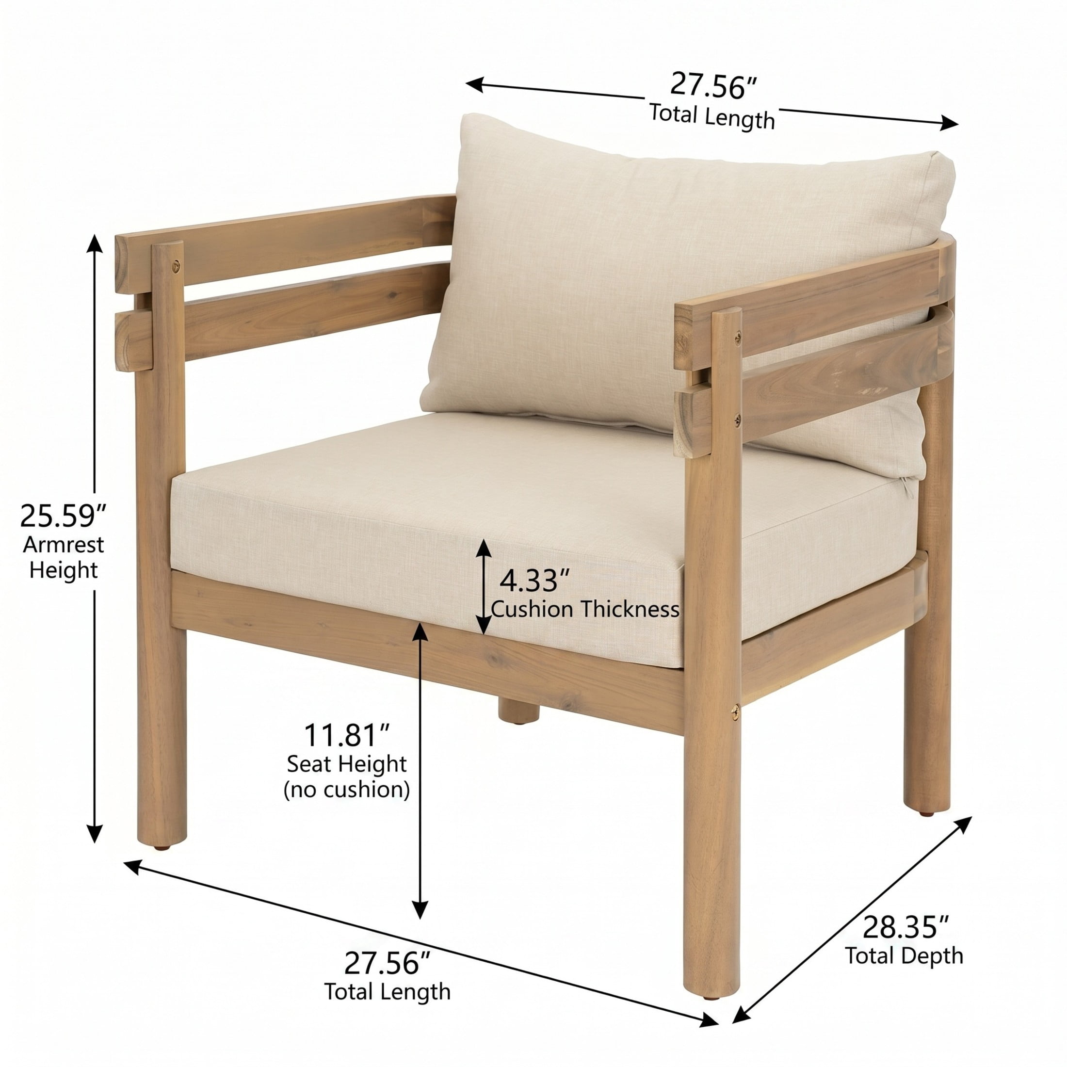 Christopher Knight Home Acacia Wood Patio Club Chair with Water-Repellent Cushions, Light Brown+Beige, Set of 2