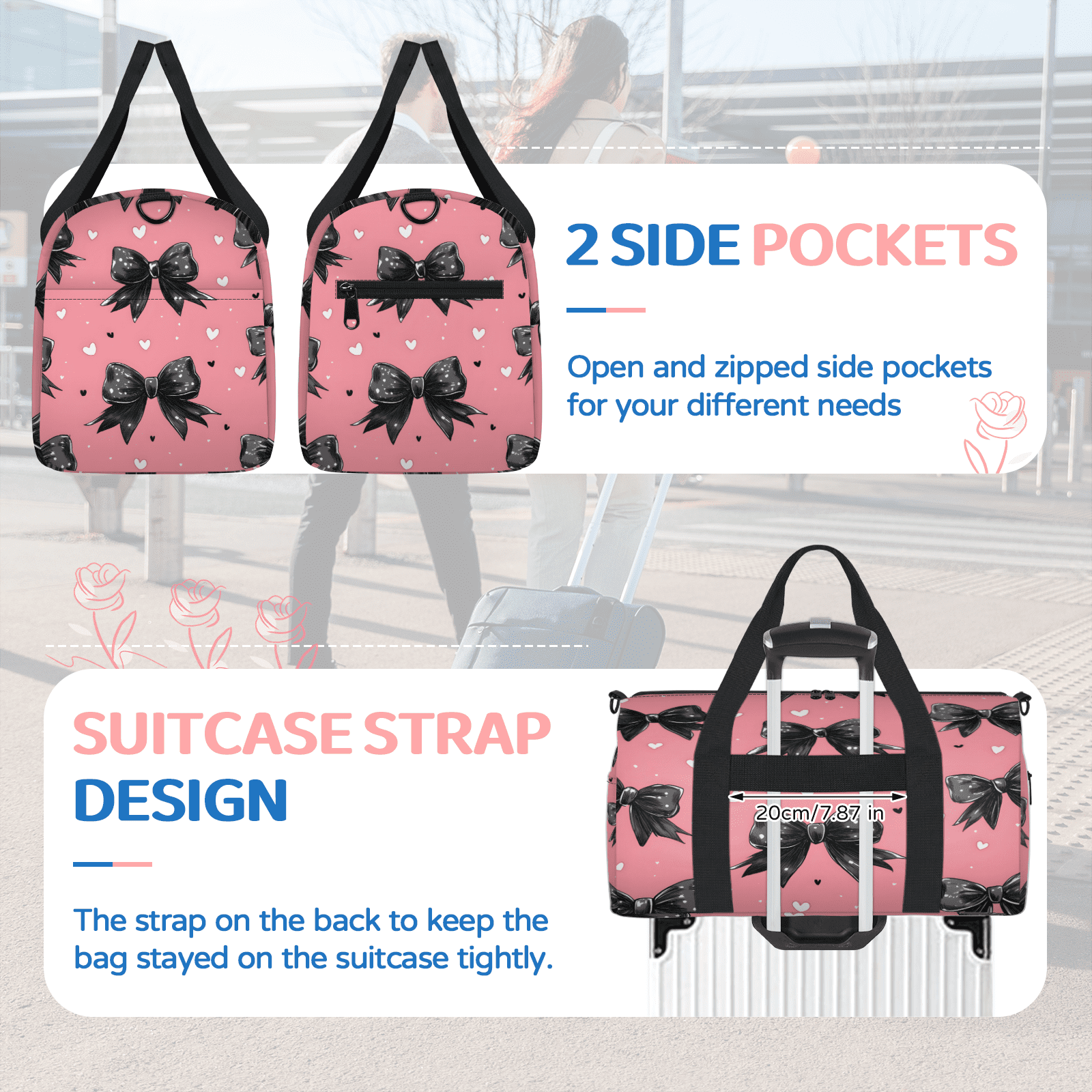 Herdesigns Black Bow Gym Bag for Women, Duffle Bag for Travel Sport, Love Heart Lightweight Waterproof Carry on Weekender Dance Yoga Workout Bags