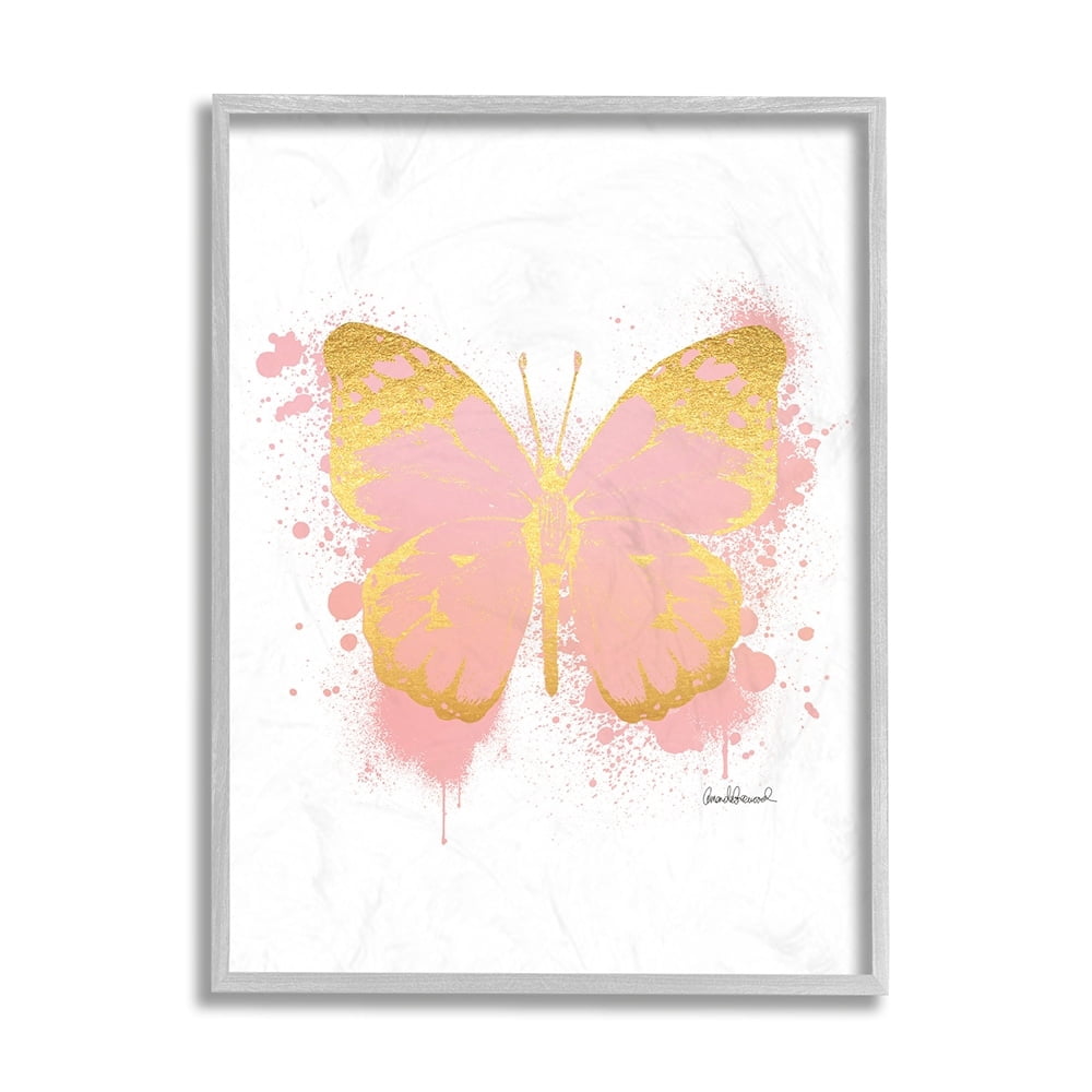 Stupell Industries Glam Pink Gold Butterfly Abstract Paint Splatter Gray Framed by Amanda Greenwood
