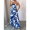 thumbnail image 5 of Women Leaf Print Spaghetti Strap Square Neck A-Line Maxi Dress Blue S, 5 of 9