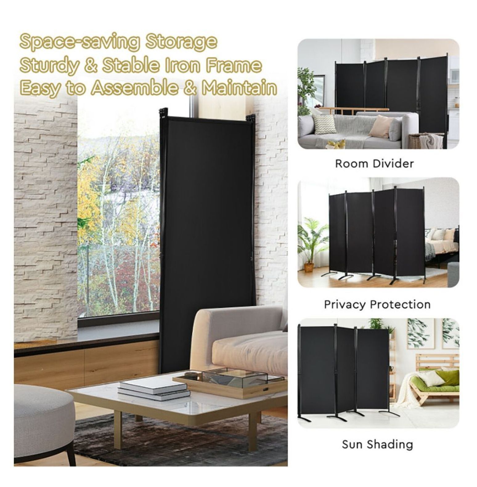 Yunken 4-Panel Steel Frame Room Divider, 5.6 Ft Tall Folding Privacy Screen for Bedroom, Office & Living Space