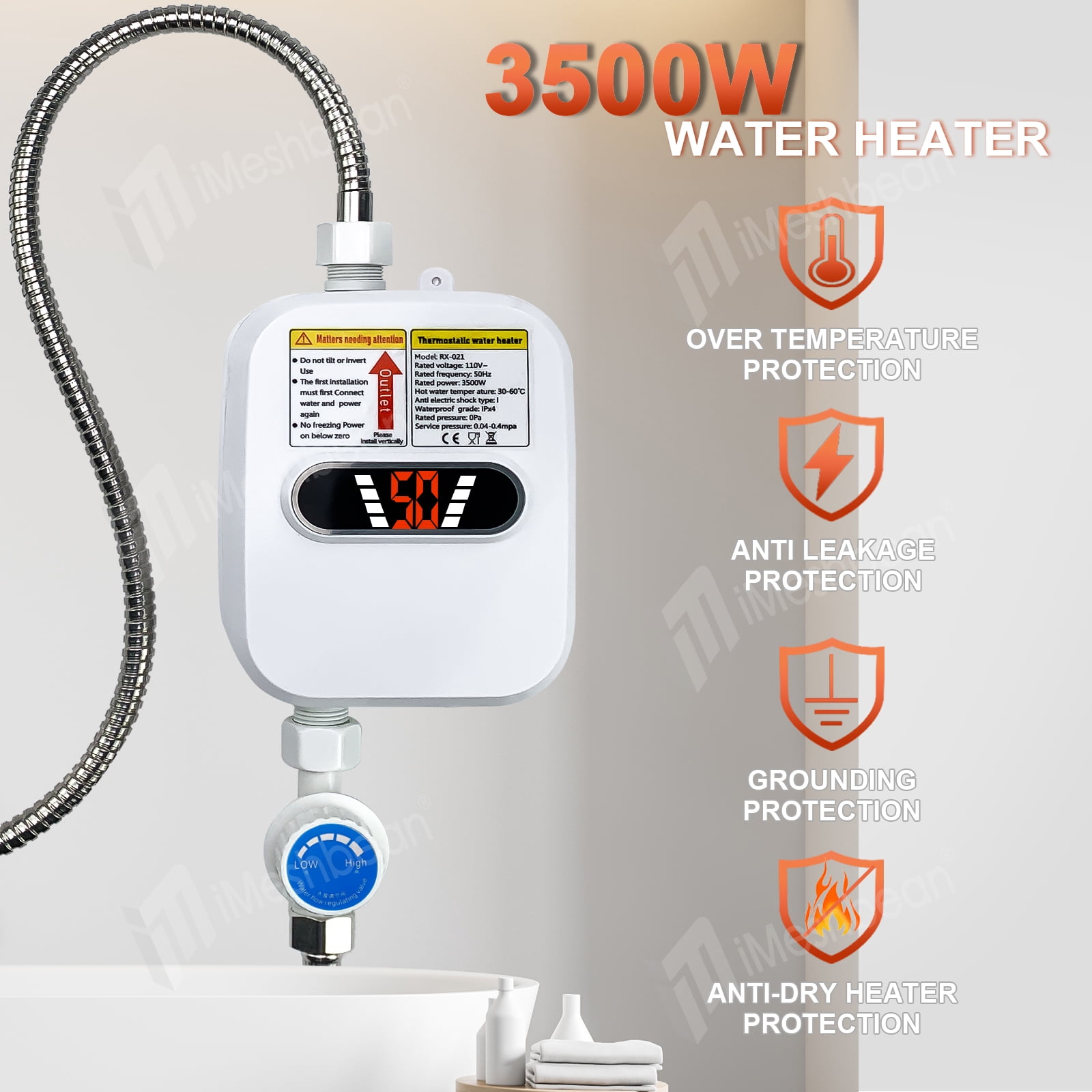 3500W Electric Tankless Water Heater Instant Hot Water Heater for Sink & Shower