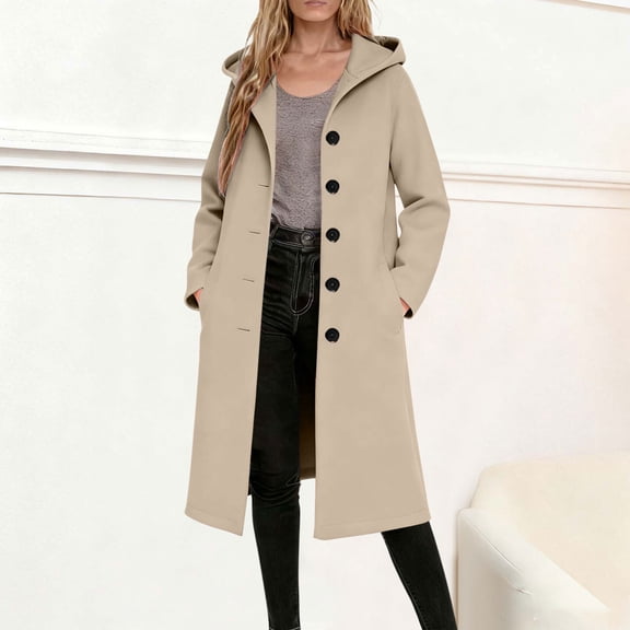 XUNKUSGA Wool Coats for Women with Hood Fashion Long Sleeve Single Breasted Button Down Long Trench Coat Solid Color Fall Winter Clothing for Women Outdoors Work Office S-2XL Brown