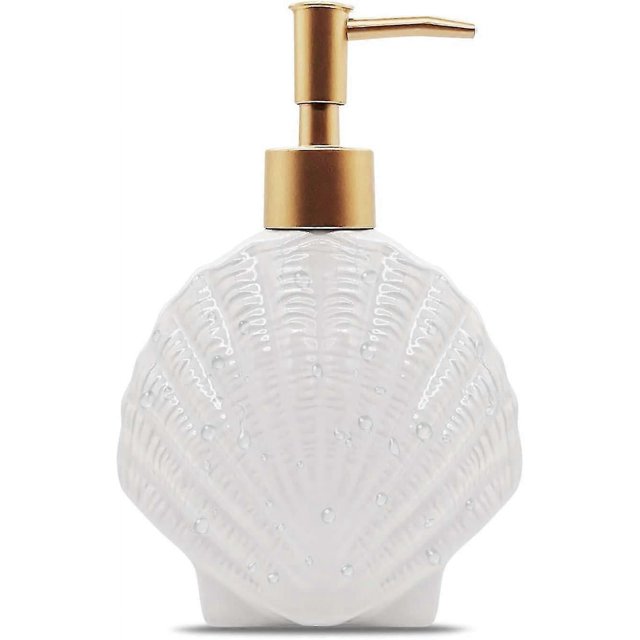 Dispensador de jabón en forma de concha, botella de loción de cerámica blanca con bomba dorada mate, decoración para el hogar, baño y cocina.