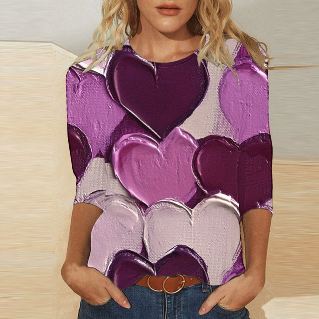 Styesk T-Shirts pour Femmes à Manches 3/4 Longueur, Imprimé Cœur, Hauts de Sortie, T-Shirts Confortables et Doux à Col Rond, Chandail à Enfiler, T-shirt Léger de Mode, Graphique de la Saint-Valentin, Grande Taille, Hauts Décontractés