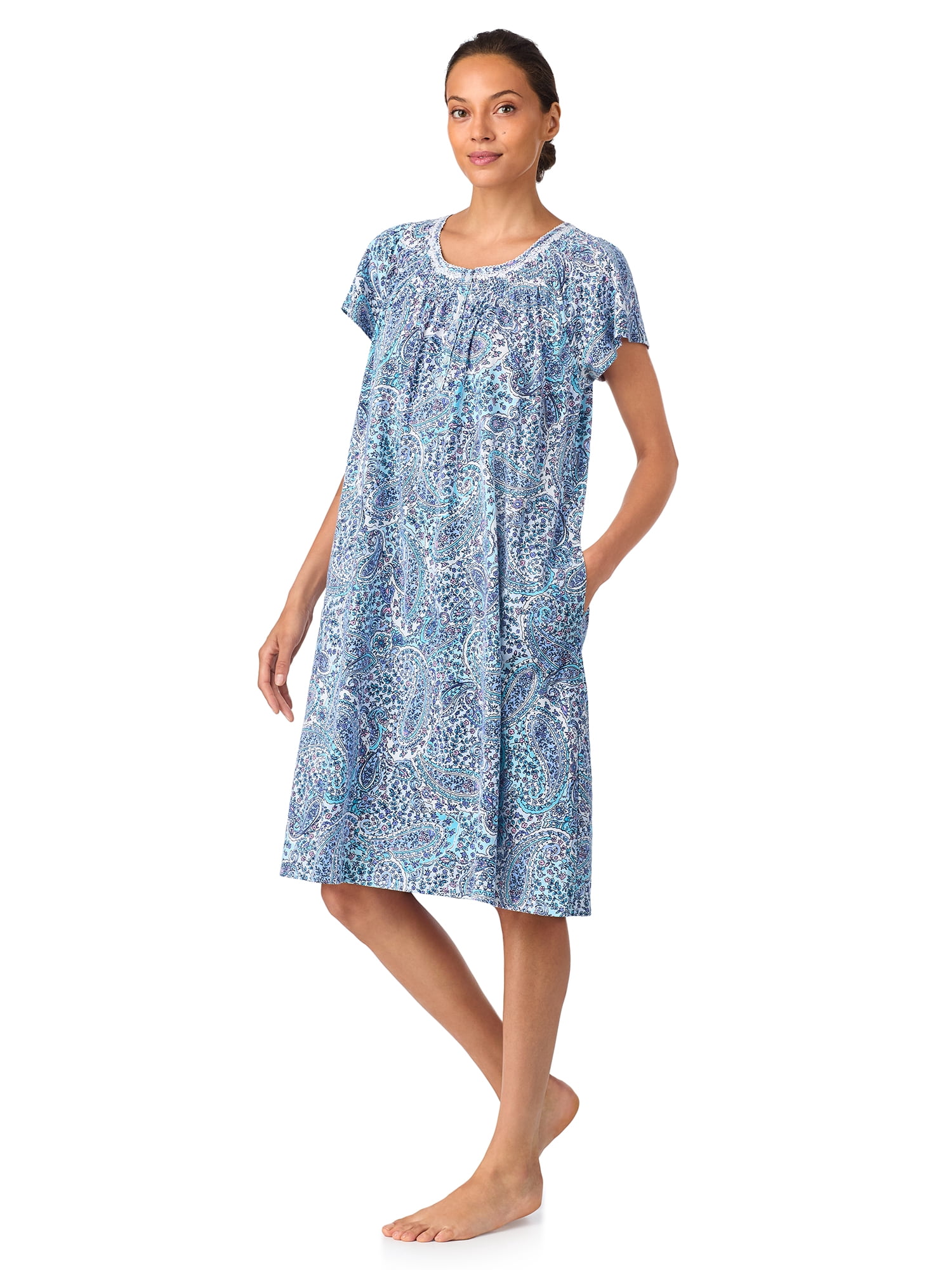 Aria Women's 100% Cotton Raglan Sleeve Smocked Neck 40" Sleepwear Gown, Sizes XS-5X