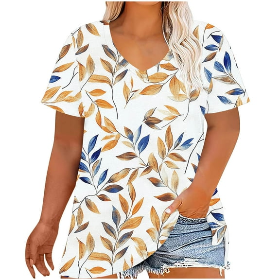 Women's Oversized Top Fashion Retro Printing Short Sleeve TShirt Casual Gradient Color Blouses V-Neck Summer Loose Breathable Plus Size Pullover Tops Style 07 3XL