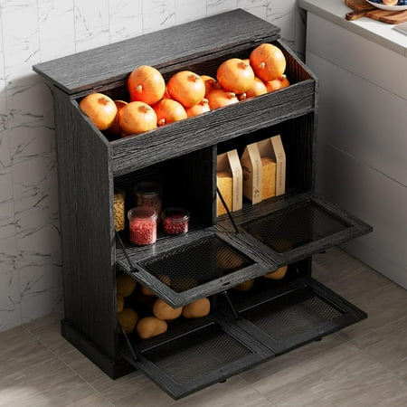 ONG Large Potato Storage Wood Bin, Wooden Bread Storage Bins, Decorative Potato and Onion Storage Bin with 4 Doors, Potato Bin with Grocery Section, Wooden Vegetable Storage Box with Lid,Black