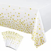 6 Pack Gold Tablecloths Under The Plastic Table Cover Disposable White Gold Table Cloth Rectangle Twinkle Little Stars Decor for Bee Birthday Wedding Baby Shower Supplies 108 x 54 Inch