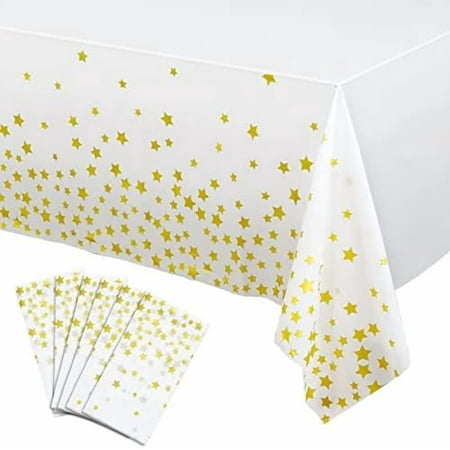 6 Pack Gold Tablecloths Under The Plastic Table Cover Disposable White Gold Table Cloth Rectangle Twinkle Little Stars Decor for Bee Birthday Wedding Baby Shower Supplies 108 x 54 Inch