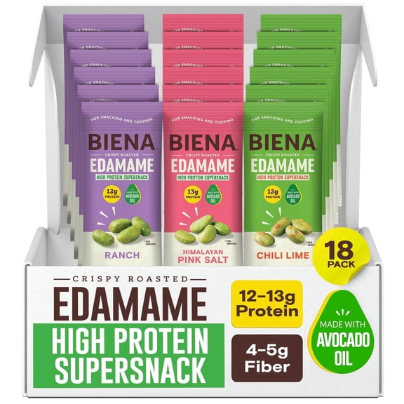 Biena Edamame Beans Snack, High Protein Snacks – Healthy Office Snacks For Adults and Kids, 12g of Protein, 130 Low Calorie, Crunchy Edamame, Vegan, Low Carb, Gluten-Free 18 pk