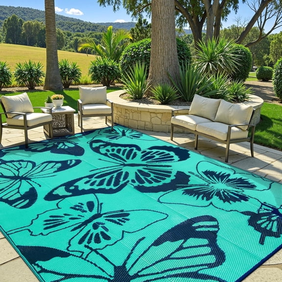 Moynesa 8'x10' Outdoor Rugs Waterproof, Plastic Straw RV Rugs for Outside, Large Portable RV Outdoor Rugs for Camping, Reversible Butterfly Picnic Mat for Camper Garden Tent, Teal
