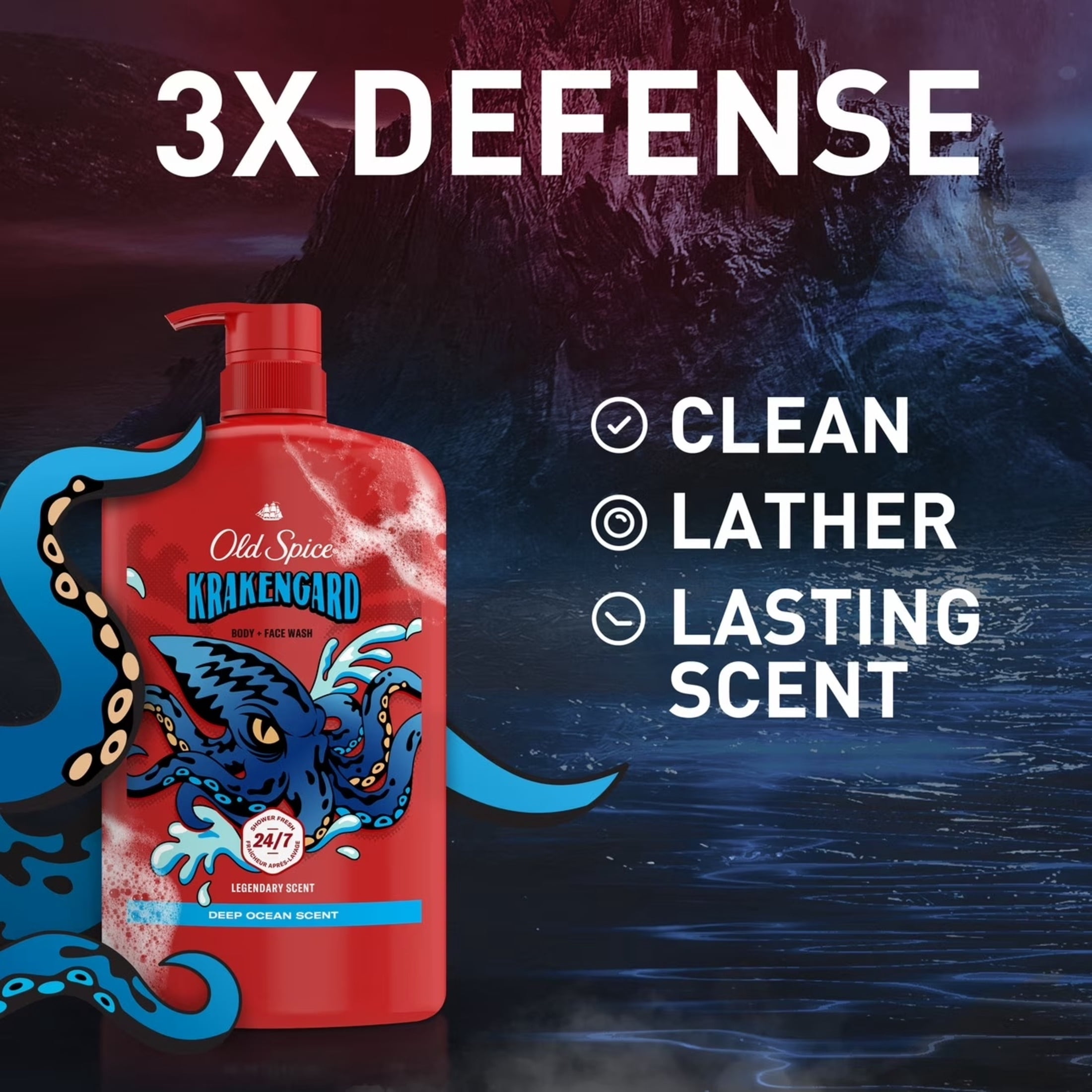 (2 pack) Old Spice Body & Face Wash for Men, 24/7 Shower Fresh, Krakengard Deep Ocean, 33.4 fl oz