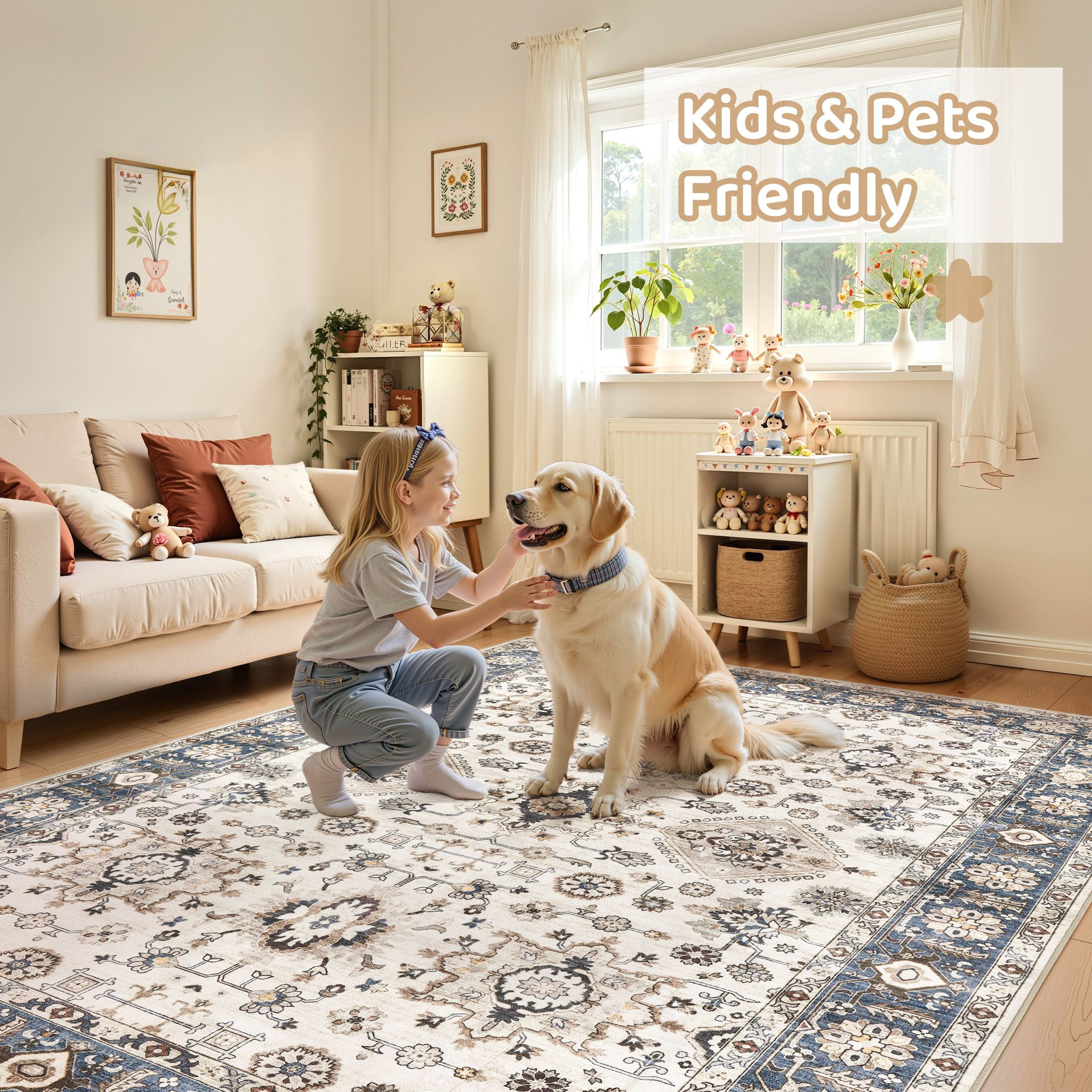 Uermei 10'x14' Large Area Rugs for Living Room: Non-Slip Indoor Carpet, Large Washable Vintage Foldable Rug for Bedroom Dining Room Office - Beige Blue