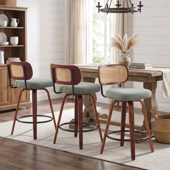 FFZ 35.43"Tall Set of 3 Counter Height Bar Stools with Cane Rattan Back, Swivel, Linen and Light Green
