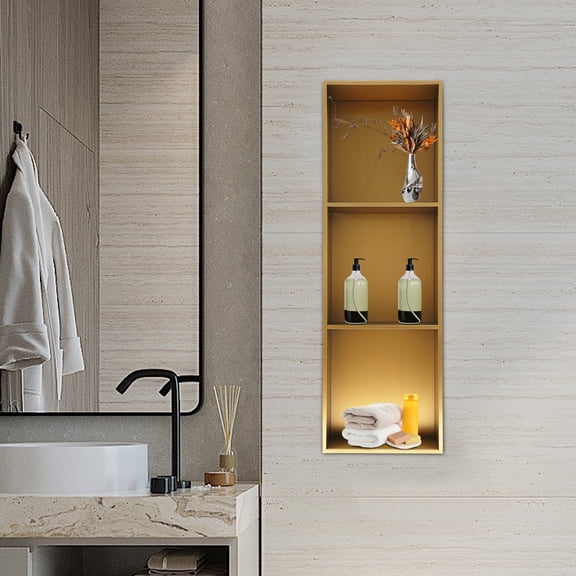 Stainless Steel Shower Niche for Shower No Tile Needed for Bathroom Storage Over Mount Installation (Gold)