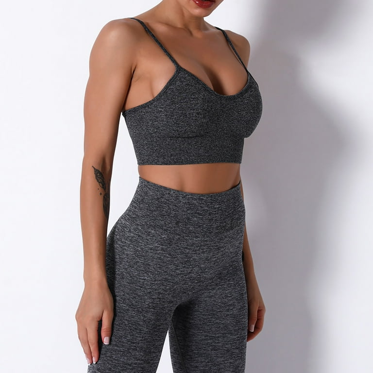 RQYYD Womens Workout Set 2 Piece Ribbed Longline Spaghetti Strap Sports Bra  High Waist Biker Leggings Matching Gym Yoga Activewear Dark Gray M 